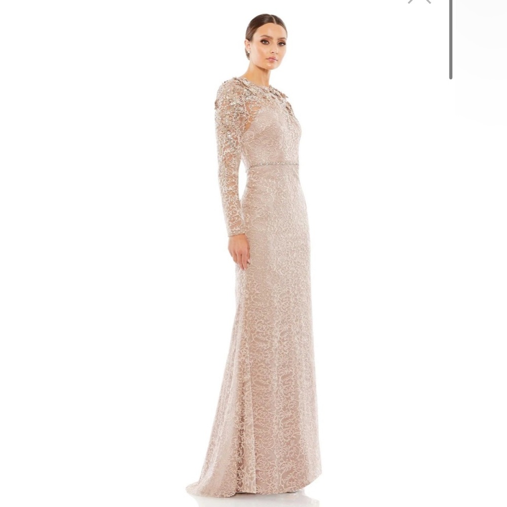 NWT $898 MAC DUGGAL ILLUSION NECKLINE LONG SLEEVES LACE EMBELLISHED GOWN DRESS - Picture 5 of 7